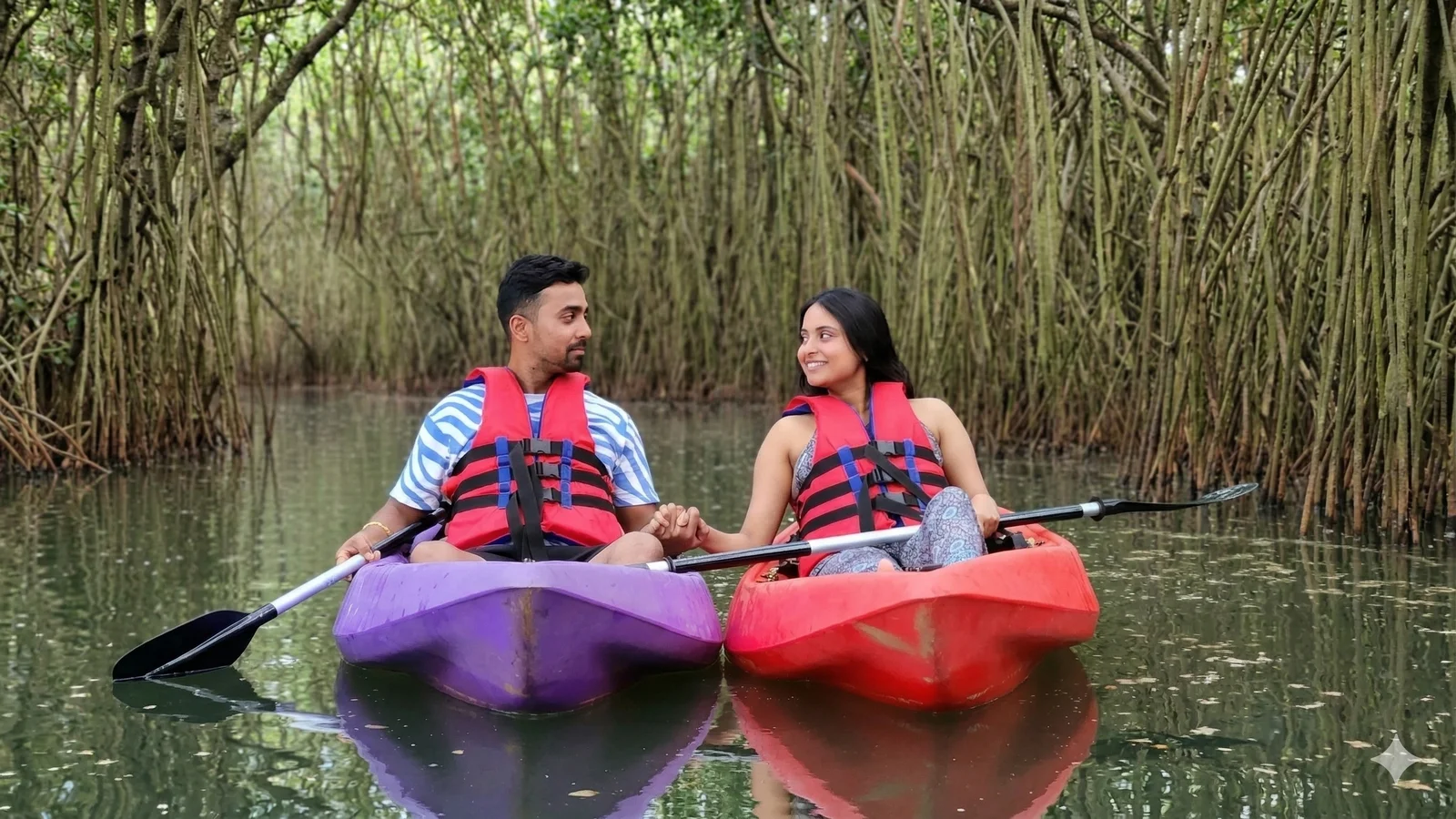 Guided kayaking through narrow mangrove tunnels at Paravur Backwaters, Kerala